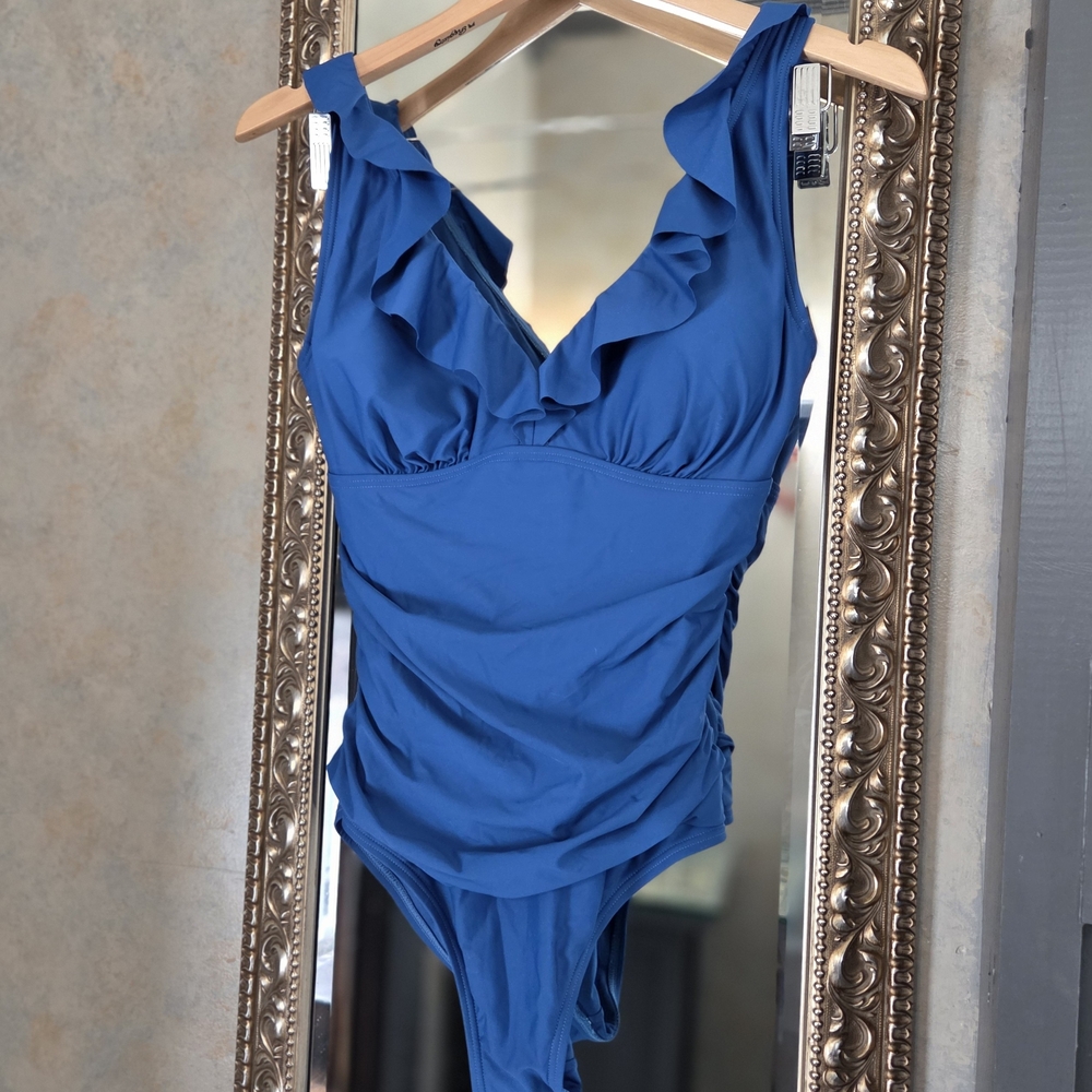 DKNY Blue Ruffle One Piece Swimsuit